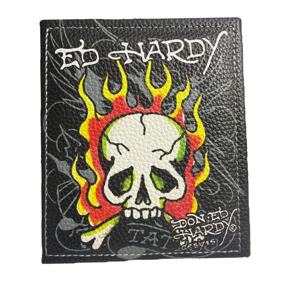 Ed Hardy Men's Black Wallet Bi-fold With Valet Tray PU Leather Eagle Tattoo New